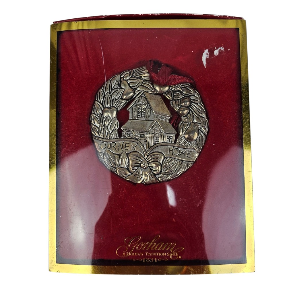 Gorham 2002 Our New Home Silverplated Ornament Wreath House Bow Ribbon‎